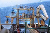 Ein Fischereischiff liegt schräge im Wasser bei Seegang und holt gerade eiin pelagisches Netz mit großen Vormaschen ein