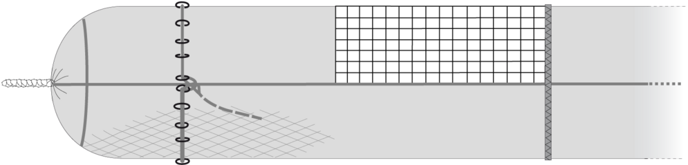 Seitenansicht eines Steertes mit BACOMA-Fluchtfenster (Quadratmaschen)