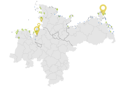 Kartenausschnitt mit den Fischereihäfen in Deutschland und der dort angelandeten Fangmengen