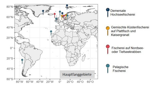 Weltkartenausschnitt der Hauptfanggebiete der deutschen Fischerei