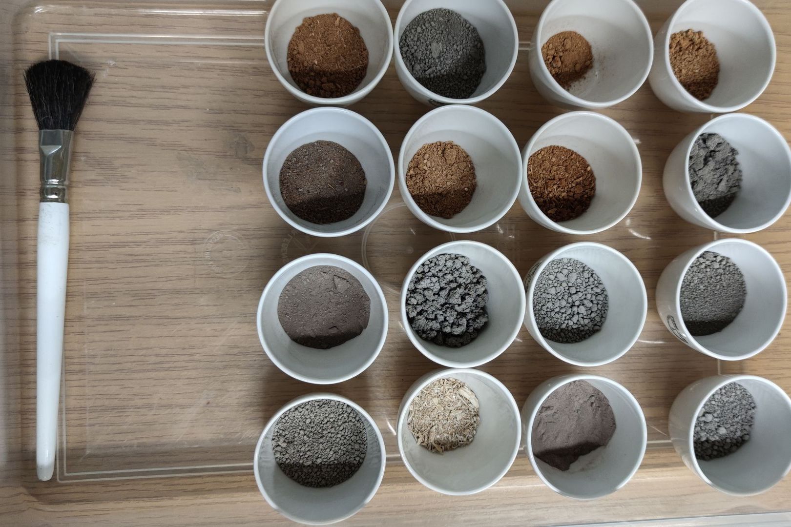 Several soil samples in crucibles after annealing.