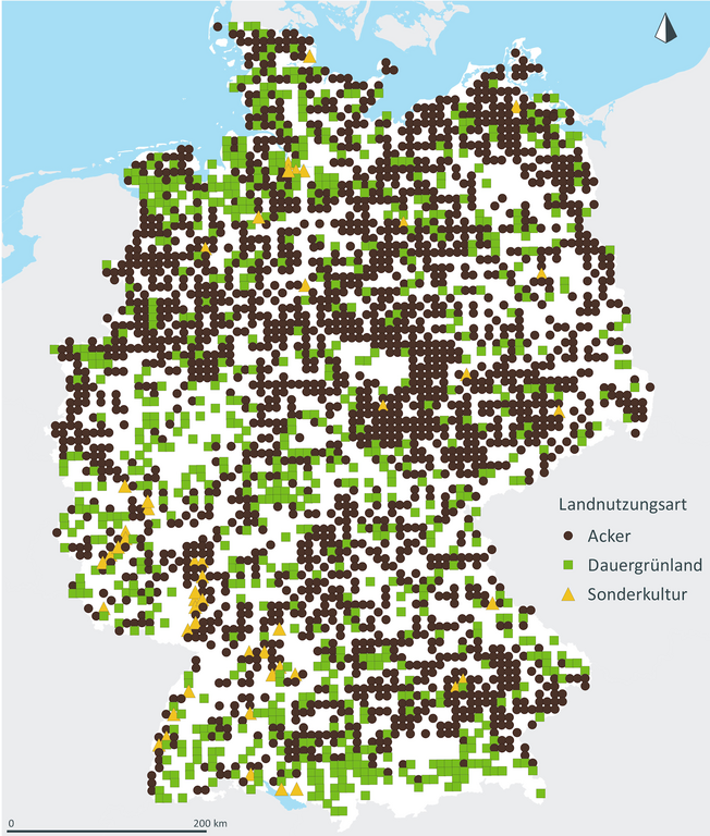 Die Karte zeigt die Beprobungspunkte in Deutschland aufgeteilt nach Acker, Grünland und Sonderkulturen. Äcker und Gründlandstandorte sind etwa gleich oft vertreten.