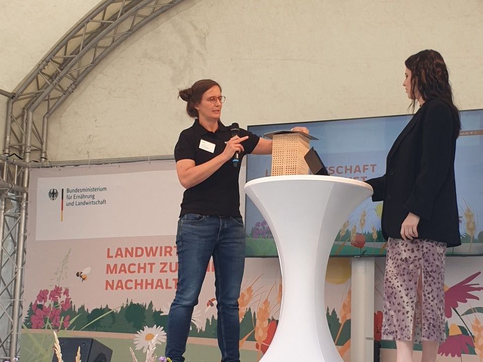 Petra Dieker vom Thünen-Institut erklärt beim Bühnenprogramm des BMEL das Wildbienen-Monitoring.