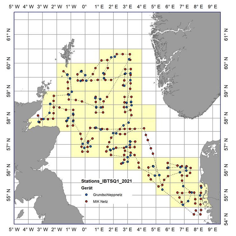 Die Karte der Nordsee mit den abgearbeiteten Stationen