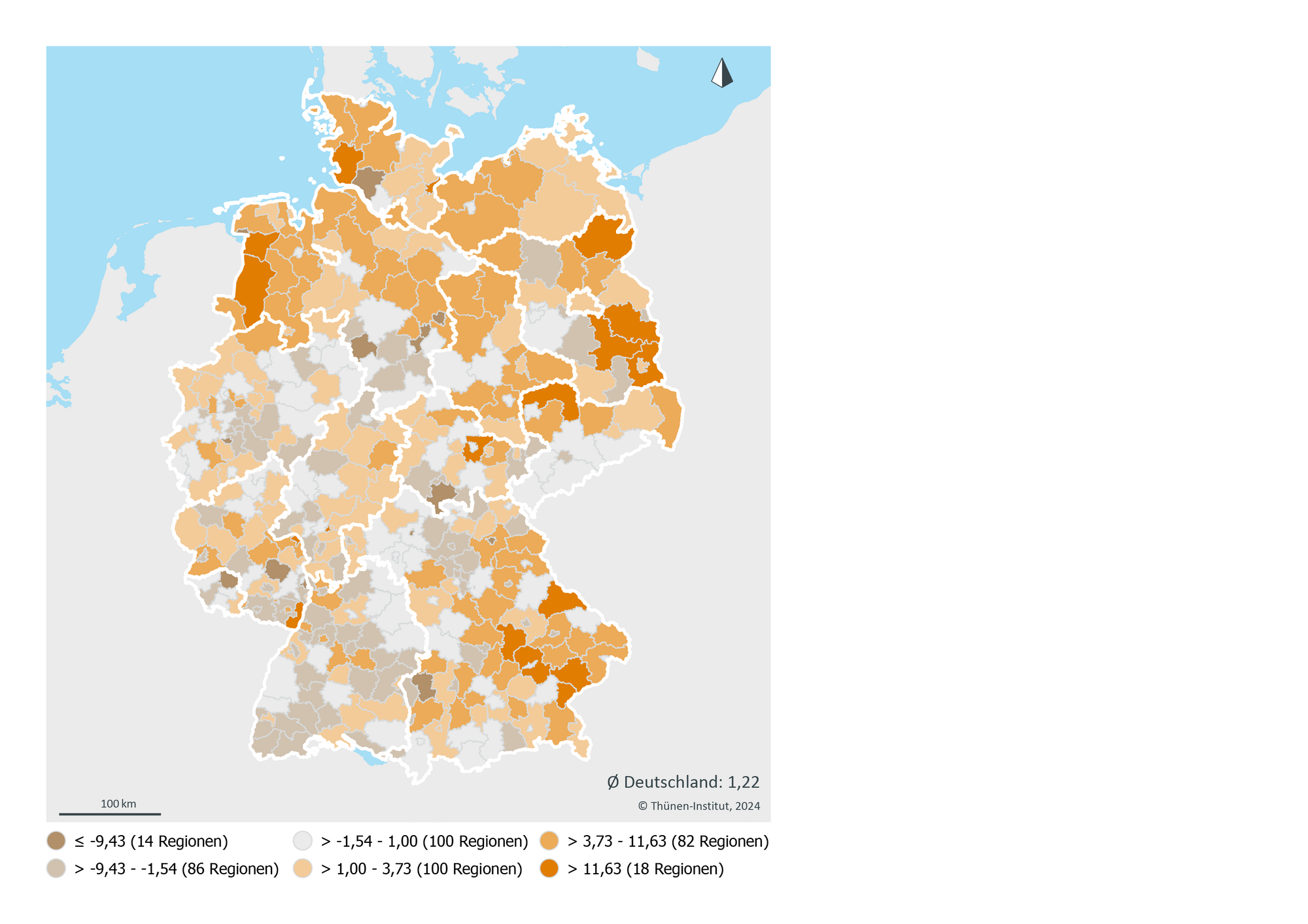 Ein Deutschlandkarte in Landkreise aufgeteilt und in verschiedenen Brauntönen eingefärbt.