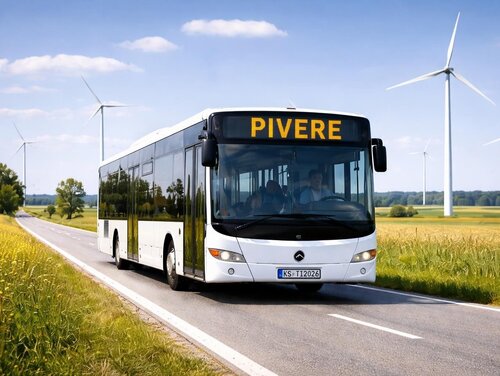 Ein Bus auf einer Landstraße, Felder und Wiesen mit Windrädern im Hintergrund.