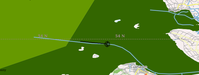 Eine Karte zeigt die Küste vor Cuxhaven und einen eingezeichneten Schiffskurs auf die Nordsee.