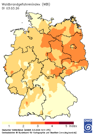 Forest fire danger index on 3 March 2026: Map of Germany shows regions with high forest fire danger. The danger is currently at level 2 out of 5 in large parts of Germany. The forest fire danger is highest in Mecklenburg-Western Pomerania and Brandenburg.