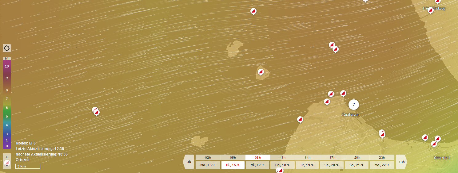 Eine Wetterkarte, die das Seegebiet vor Cuxhaven zeigt und in braun eingefärbt ist eine Farbe für die Windstärke sieben Beaufort.