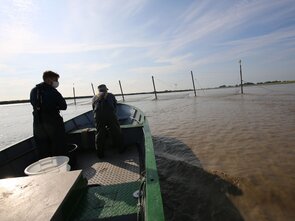 Doktorand Leander Höhne (links) und ein kooperierender Fischer auf dem Weg, das Fanggerät zu kontrollieren. Ein flaches Boot mit zwei Personen auf dem Weg zu einer Reuse