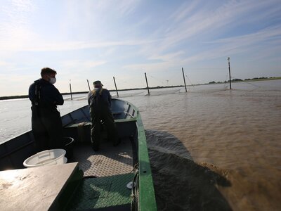 Ein flaches Boot mit zwei Personen auf dem Weg zu einer Reuse