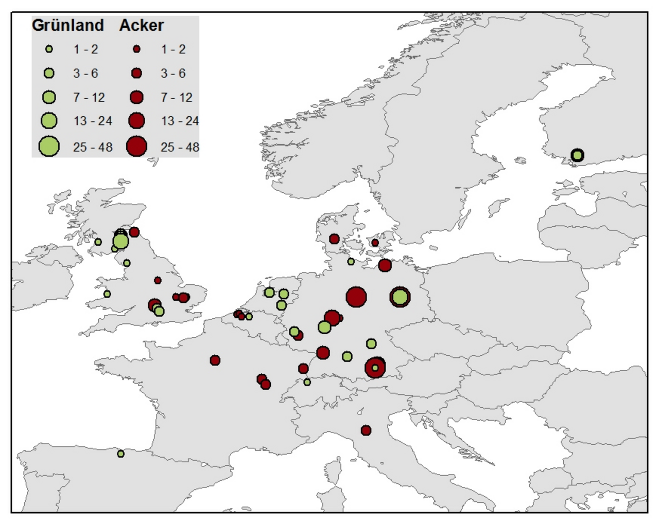 Verteilung von Experimenten zu direkten Lachgasemissionen landwirtschaftlicher Standorte in Europa