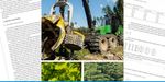 A collage shows a timber harvest with a harvester and views into a deciduous and coniferous forest.