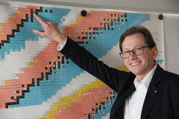 Marc-Oliver Aus steht vor einer Tafel mit dem Periodensystem der Elemente.