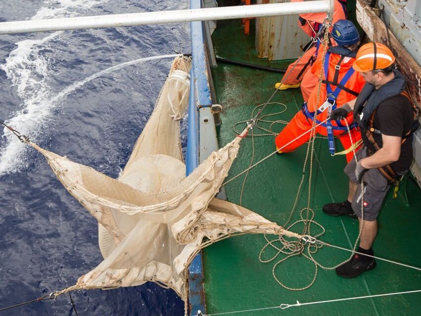 Mit vereinten Kräften holt die Decksbesatzung das Planktonnetz an Bord.