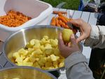 Möhren und Kartoffeln werden geschnitten.