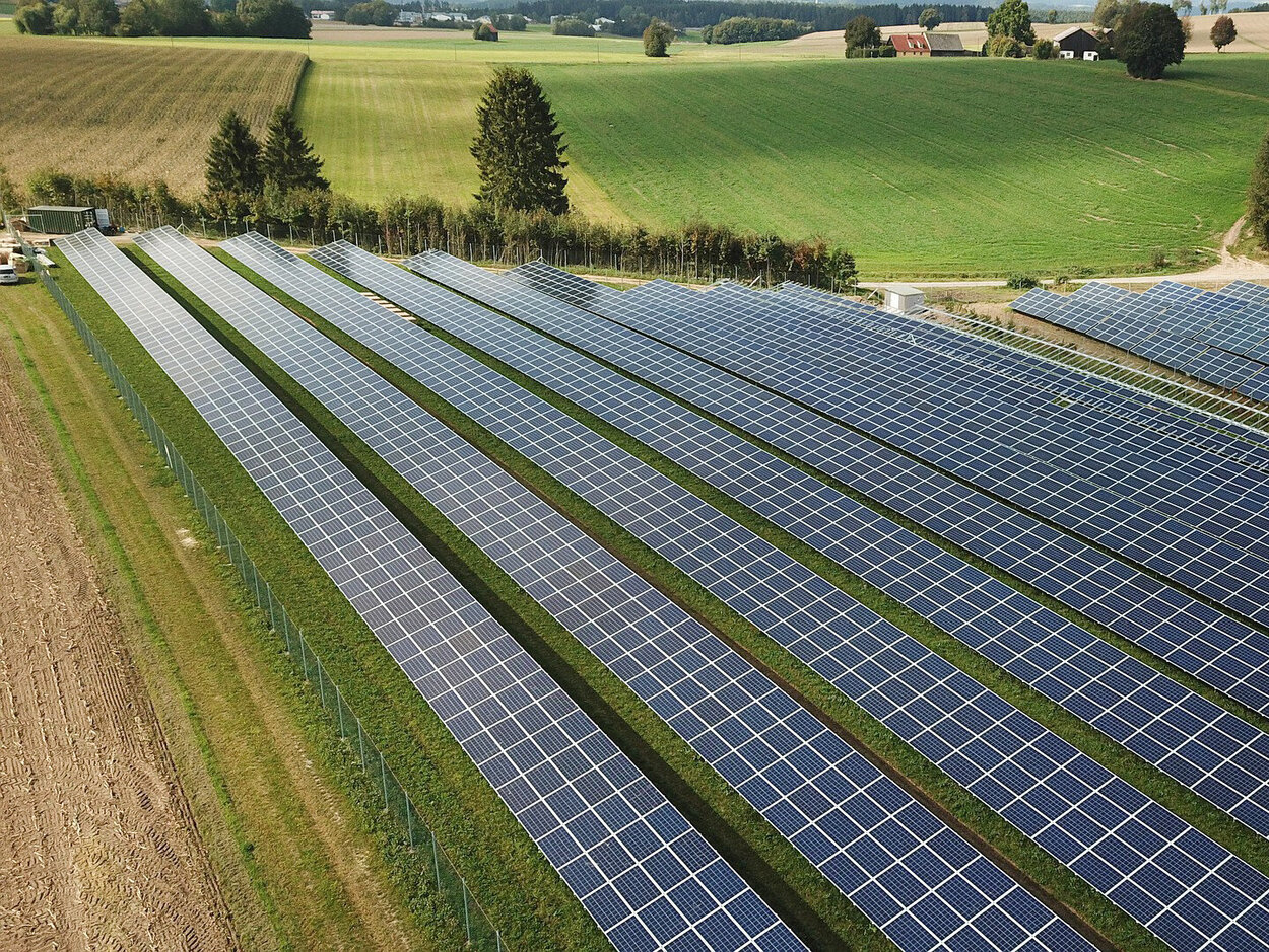 Eine Freifläche mit PV-Anlagen in langen Reihen, die dicht an dicht stehen.
