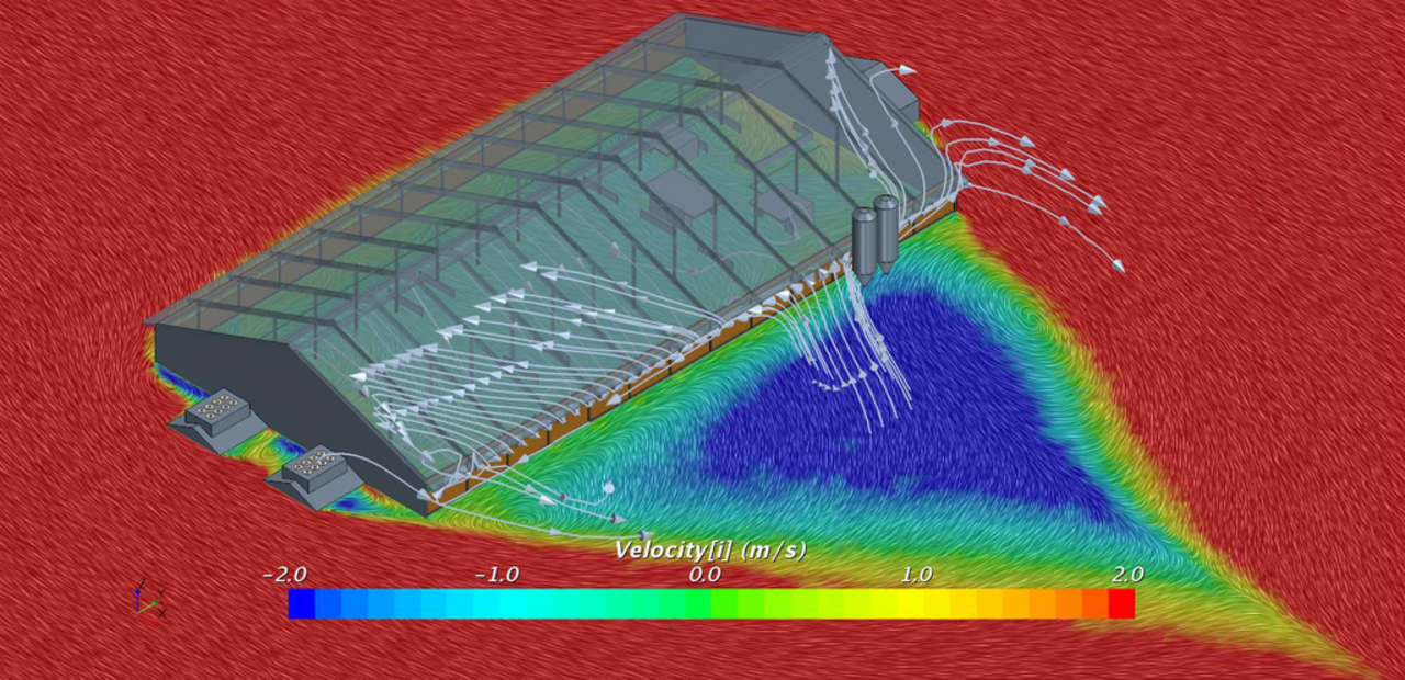 Darstellung von Stromlinien hinter der Seitenwandöffnung auf der windabgewandten Stallseite und die Geschwindigkeit in x-Richtung bei einer Anströmung in 10 m Höhe von v10 = 10 m/s