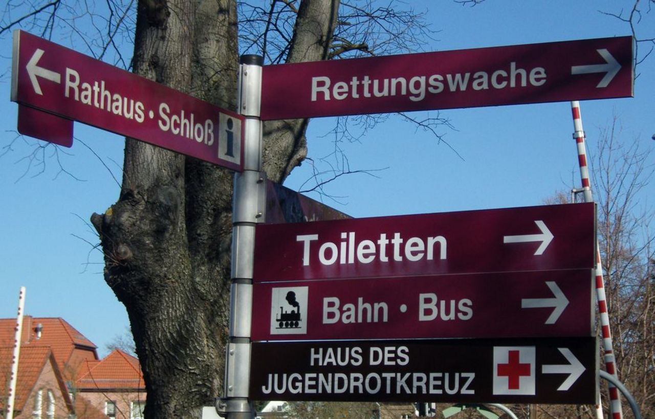 Sign posts to different services of general interst in a small town in the east Harz mountains