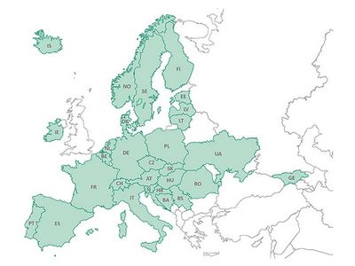 Eine Europakarte mit den farbig markierten Ländern der Waldinventur