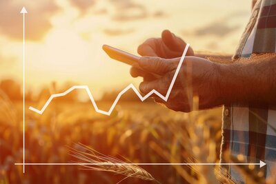Eine Person vor einem Weizenfeld mit einem Mobiltelefon in der Hand