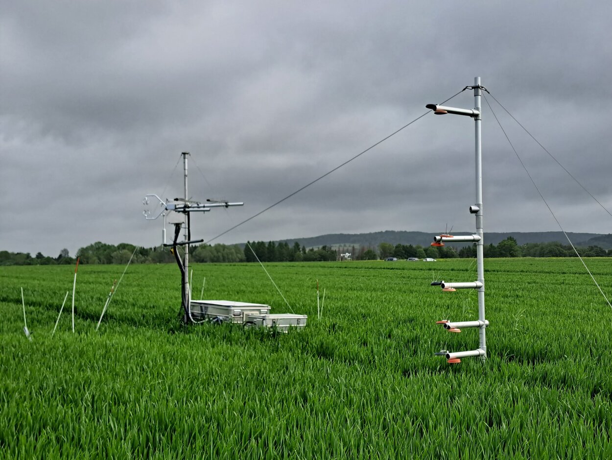 The photo shows the measurement setup on a grain field.