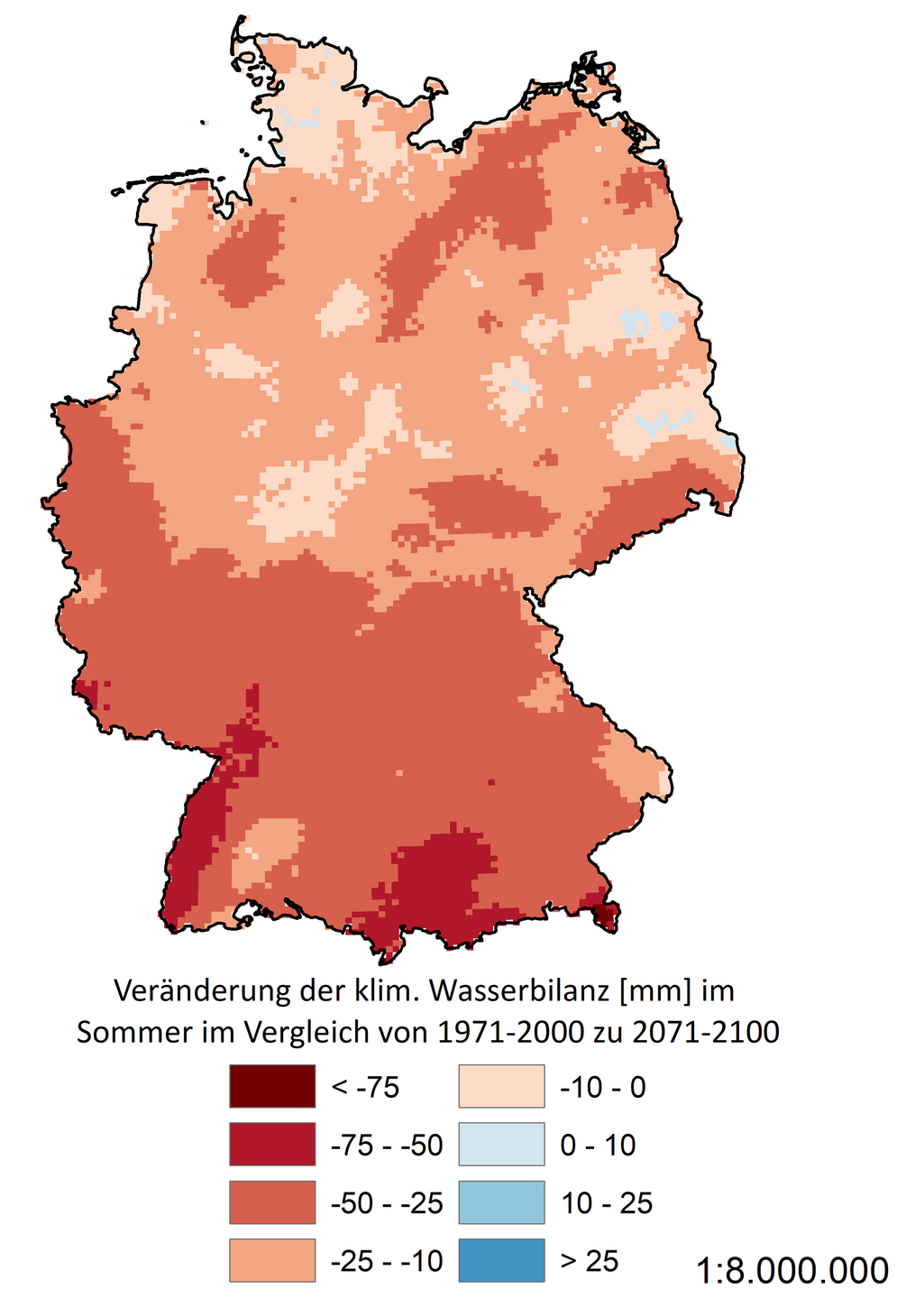 Eine Deutschlandkarte zeigt die Veränderung der klimatischen Wasserbilanz im Sommer unter dem Klimaszenario „Kein Klimaschutz“ (RCP 8.5).