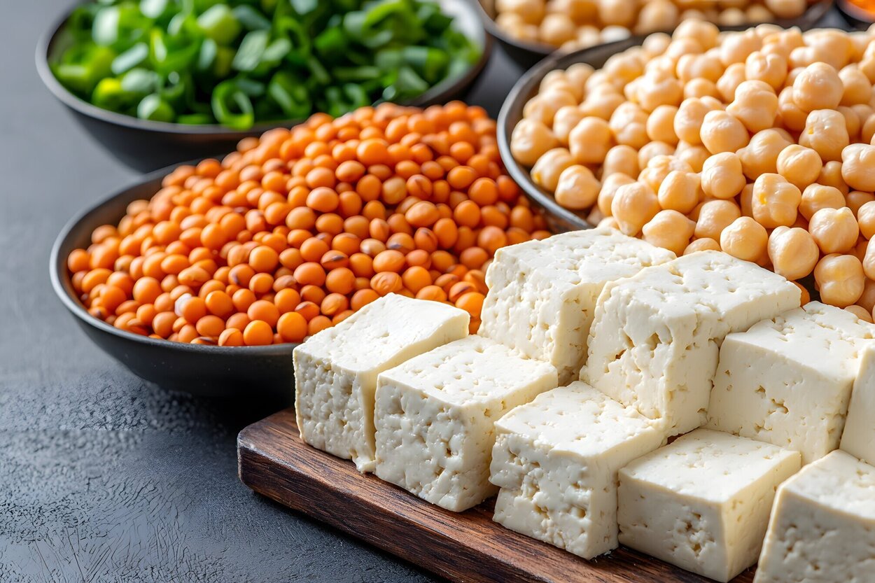 Schüsseln mit Hülsenfrüchten und Tofuquader auf einem Holzbrett.