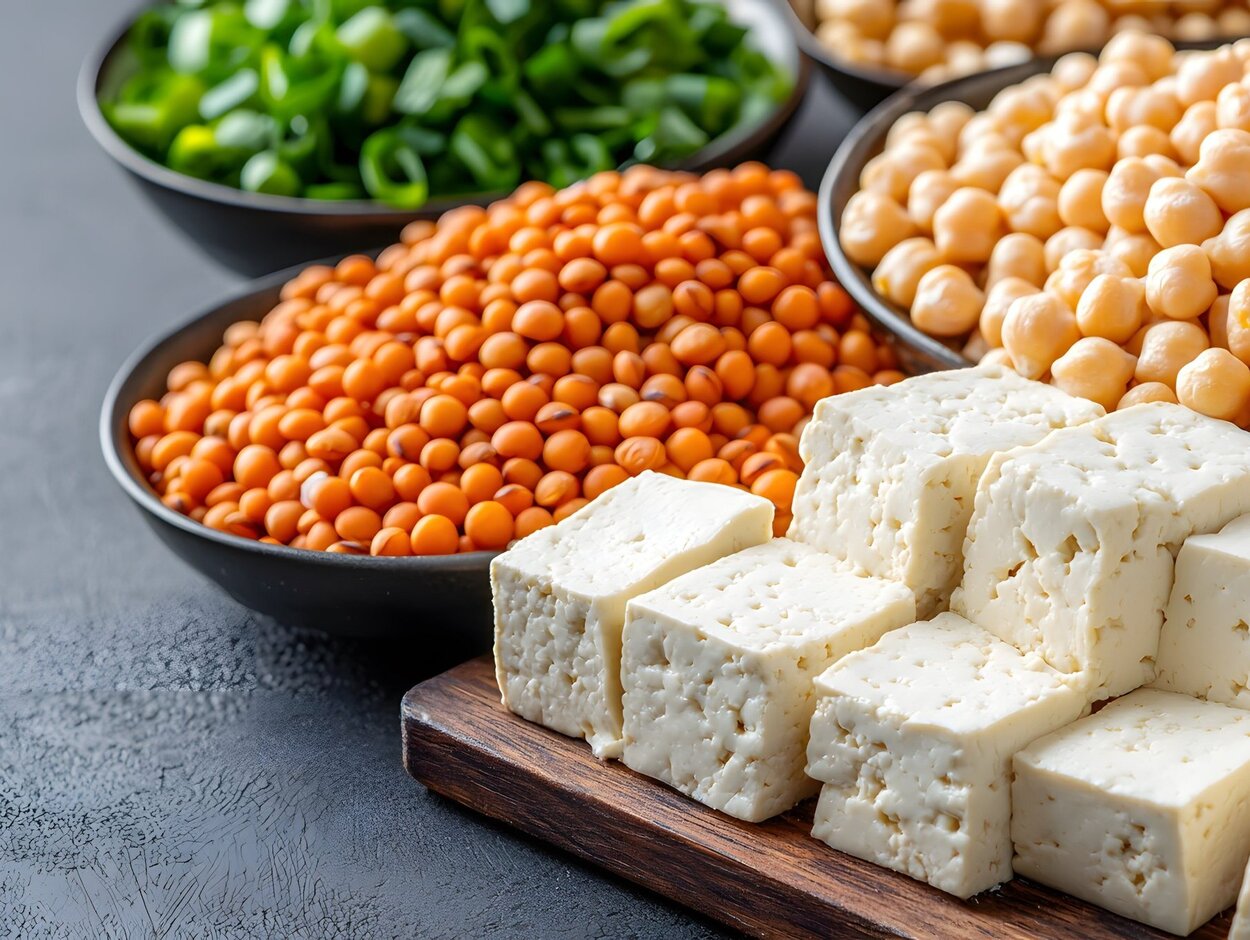 Schüsseln mit Hülsenfrüchten und Tofuquader auf einem Holzbrett.