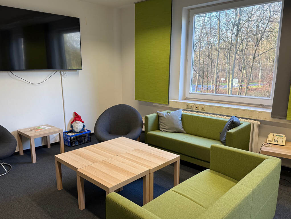 Ansicht in die Sitzecke eines Raums mit dunkelgrauem Teppich. An der linken Wand hängt ein Fernseher. Darunter steht ein kleiner Tisch und eine Kiste mit Kinderspielzeug. In der Mitte steht ein großer Couchtisch. Hinter sowie rechts neben dem Tisch stehen hellgrüne Sofas. Hinter den Sofas an der rechten Wand ist ein großes Fenster, durch das man Bäume im sieht.