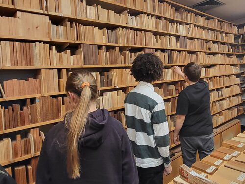 Mehrere Kinder stehen in einem Raum mit Regalen, in denen verschiedene Holzarten gelagert sind.