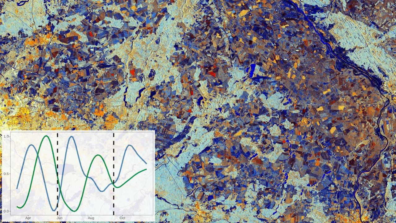 Radar image (Sentinel-1) of an agricultural region in Brandenburg in false color representation. The plot shows radar-based (blue) and optical (green; Sentinel-2) indices for a meadow with two cuts.
