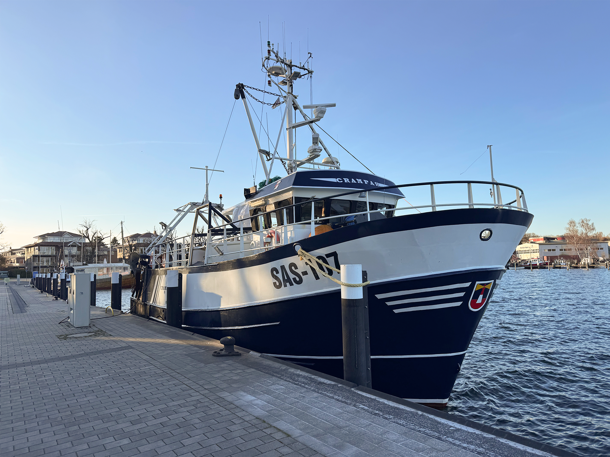 A ship is moored in the harbour.