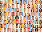 Panorama created from a collage of portraits of women in various professions