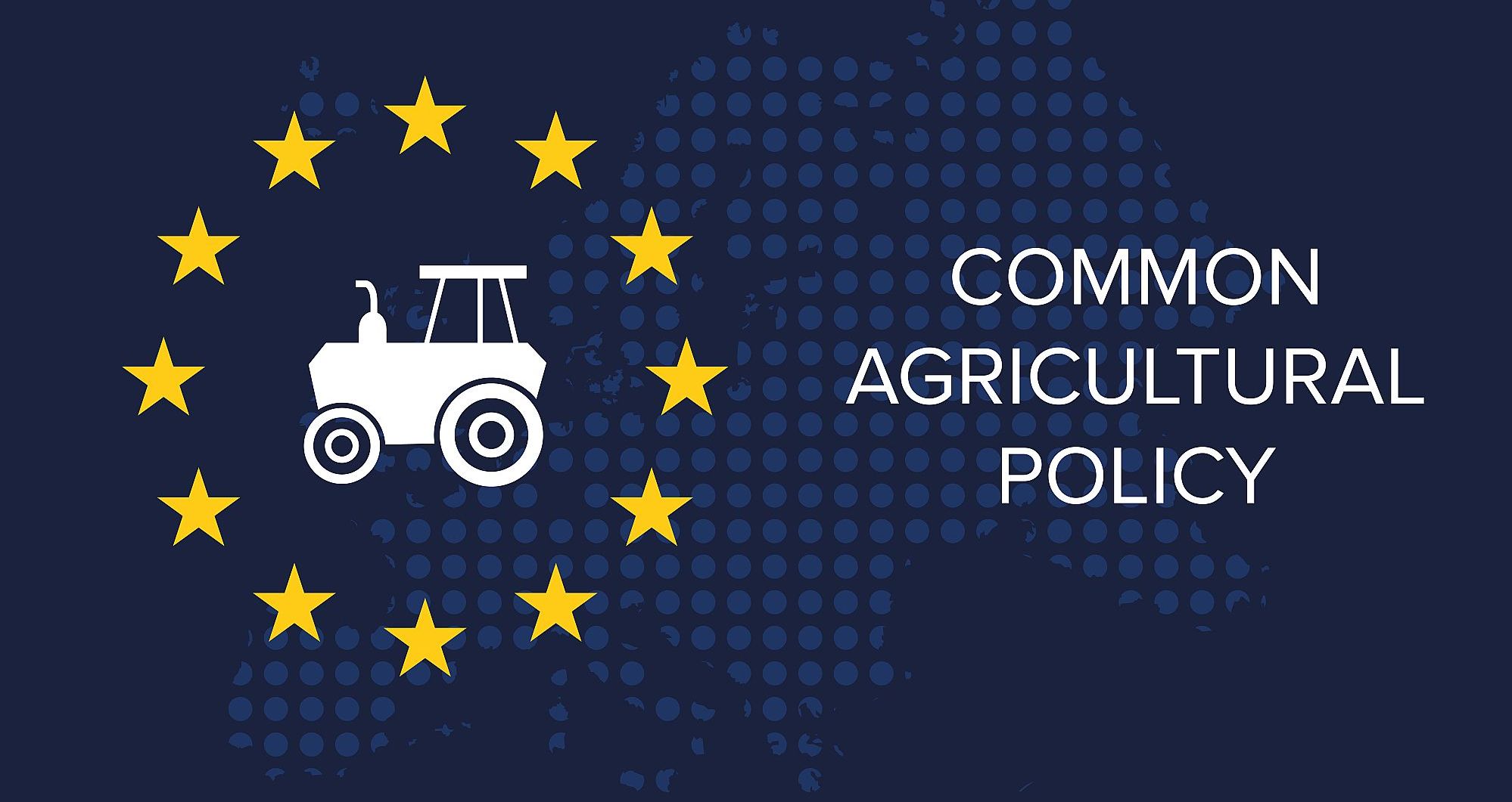 Flagge der Europäischen Union mit deinem Tecker in der Mitte der Sterne und rechts daneben die Beschriftung: "Common Agricultural Policy