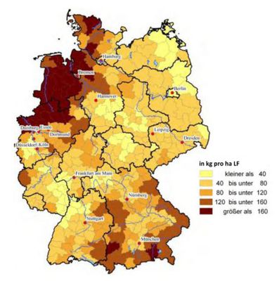 Deutschlandkarte mit Angaben zur Stickstofflieferung aus Wirtschaftsdünger inklusive Gärreste