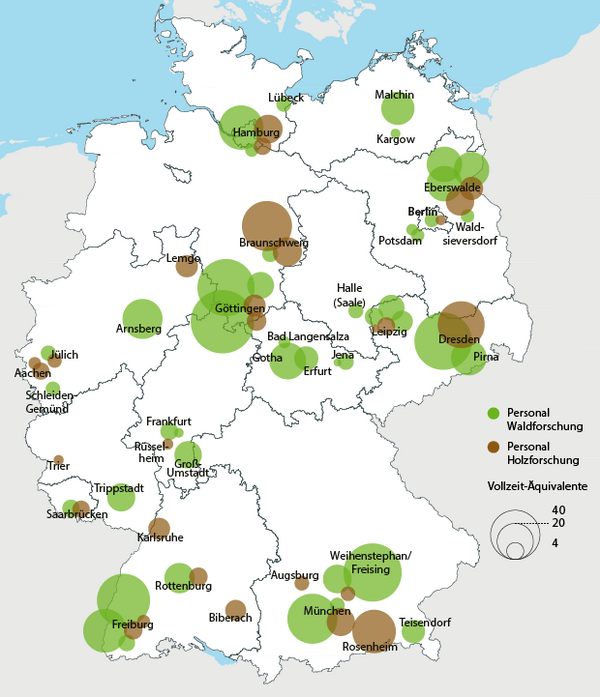 Deutschlandkarte mit der regionalen Verteilung der Wald- und Holzforschung und geschätzte Größe der Einrichtungen