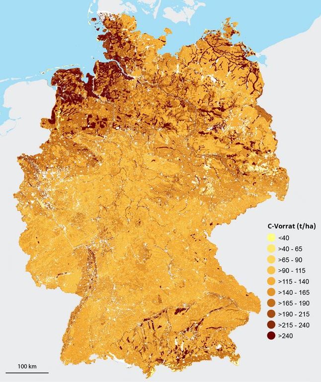 Eine Karte in verschiedenen Brauntönen je dunkler desdo mehr Kohlenstoff im Boden
