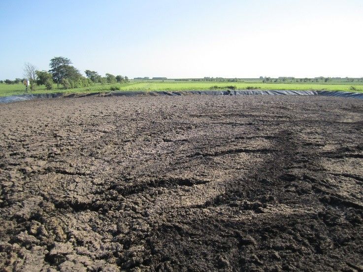 The photo shows a so-called slurry lagoon. Slurry is stored uncovered on a field.
