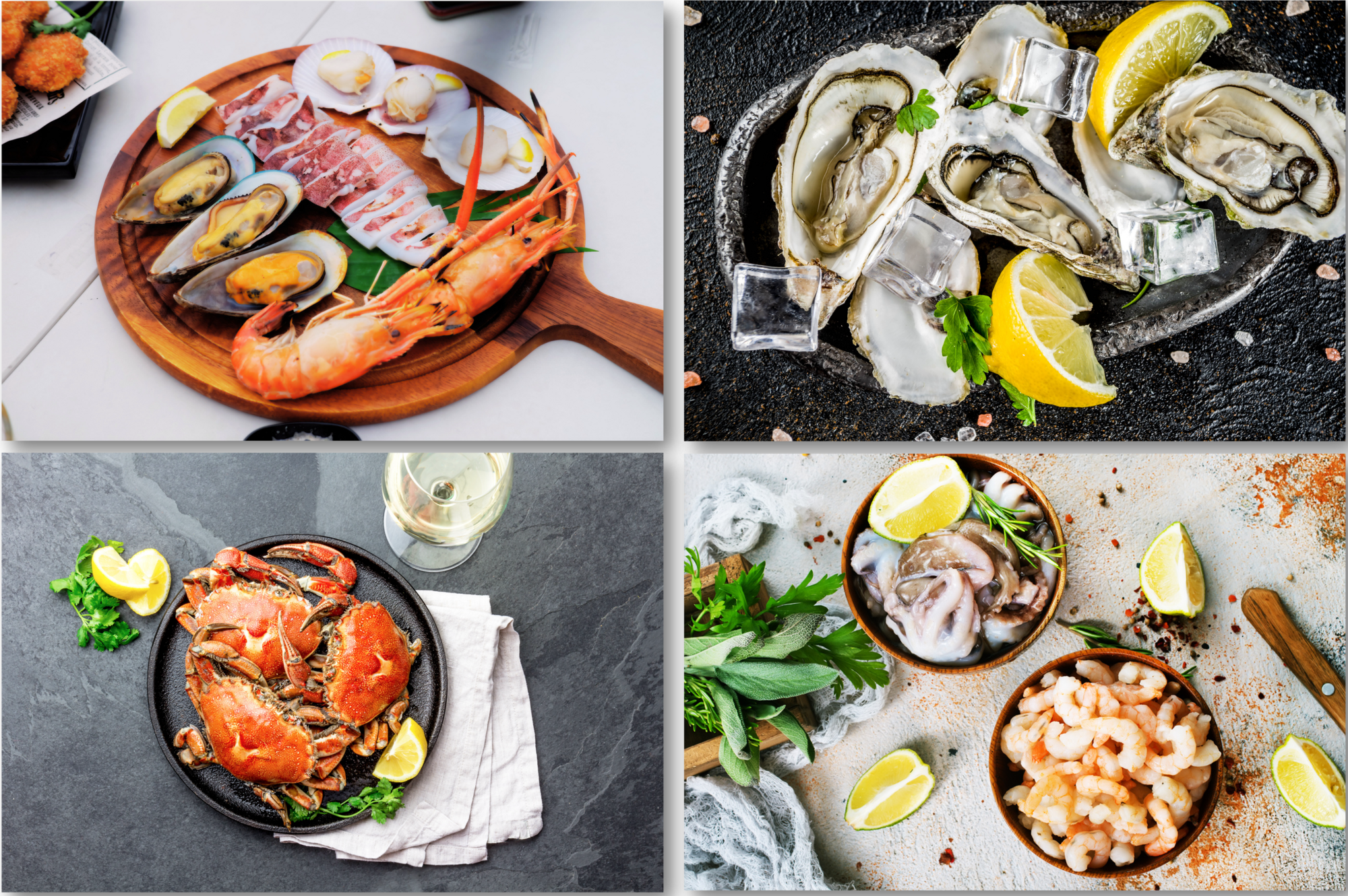 marinierte, gebratene, gekochte oder frische Meeresfrüchte