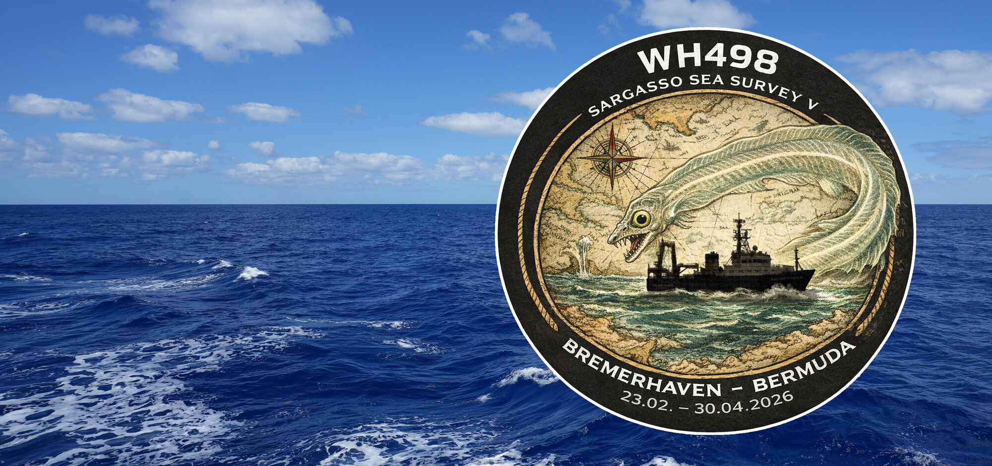 A circular logo depicting the eel expedition with the Walther Herwig II set against a nautical chart and encircled by an eel. The inscription reads: WH 498, Saragasso Sea Survey V Bremerhaven – Bermuda 23 February – 30 April 2026.