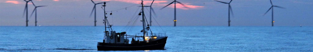 Ein Baumkurrenkutter vor einem Offshore-Windpark bei Sonnenuntergang