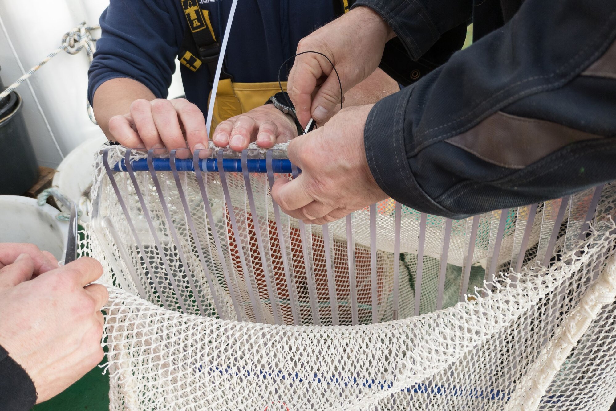 Die Decksmanschaft baut ein anderes Gitter ein. An dieser Stelle ein dickes Dankeschön für all die gute Arbeit, Hilfe und Tipps. Mehrere Personen sind damit beschäftigt das im Netz eingebaute Gitter zu tauschen.