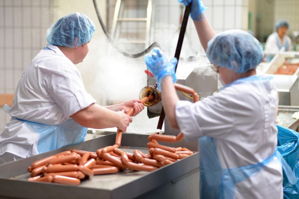 Women in hygienic workware produce sausages in an industrial environment with machine support.