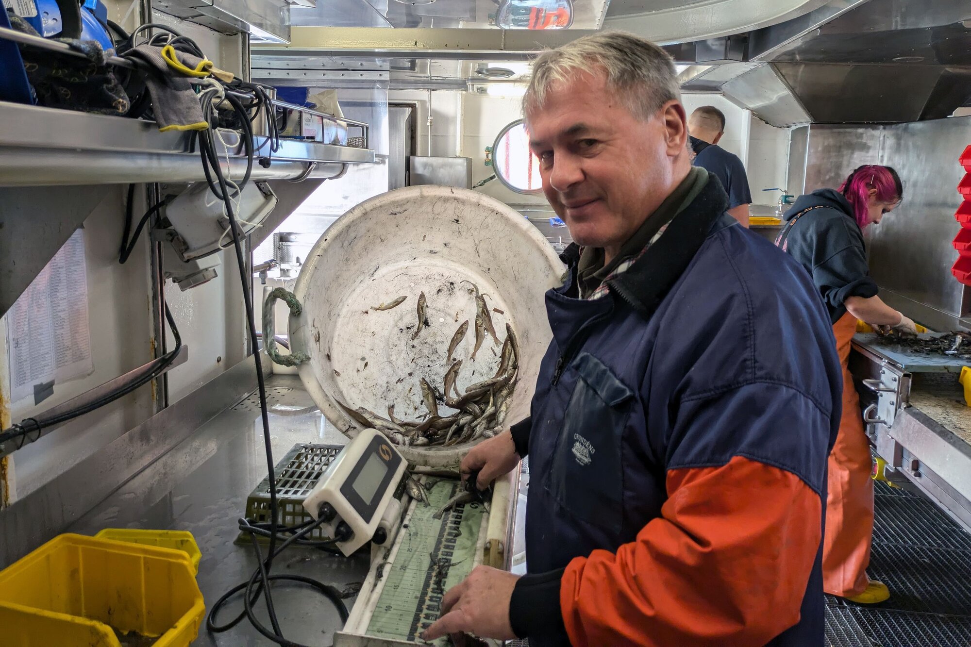 Peter unser Messbrett Spezialist, hier werden die Fische der Länge nach vermessen. Ein Mann steht im Labor an einem Tisch mit einem Messbrett.