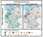 The figure depicts two maps that show the accessibility of the nearest normal respectively fast charging point in terms of travel time at the level of the 250m x 250m analysis grid.