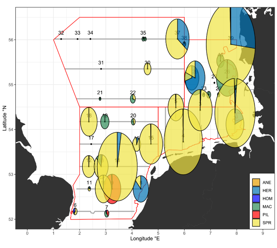 Kartenübersicht zur Fangzusammensetzung von Schwarmfischen in pelagischen Schleppnetzfängen