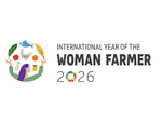 Das Logo zeigt eine Frau die Lebensmittel jongliert und den Text "Internationales Jahr Frauen in der Landwirtschaft 2026" auf englisch.