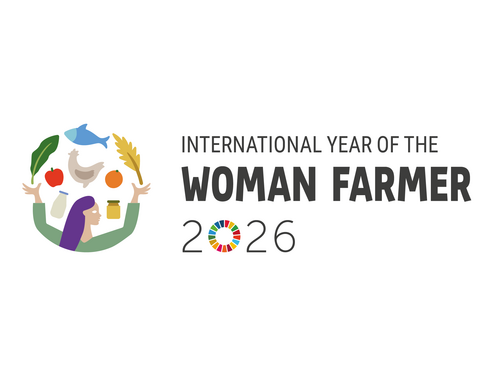 Das Logo zeigt eine Frau die Lebensmittel jongliert und den Text "Internationales Jahr Frauen in der Landwirtschaft 2026" auf englisch.