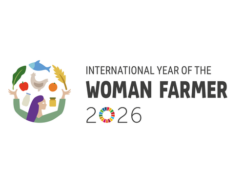 Das Logo zeigt eine Frau die Lebensmittel jongliert und den Text "Internationales Jahr Frauen in der Landwirtschaft 2026" auf englisch.
